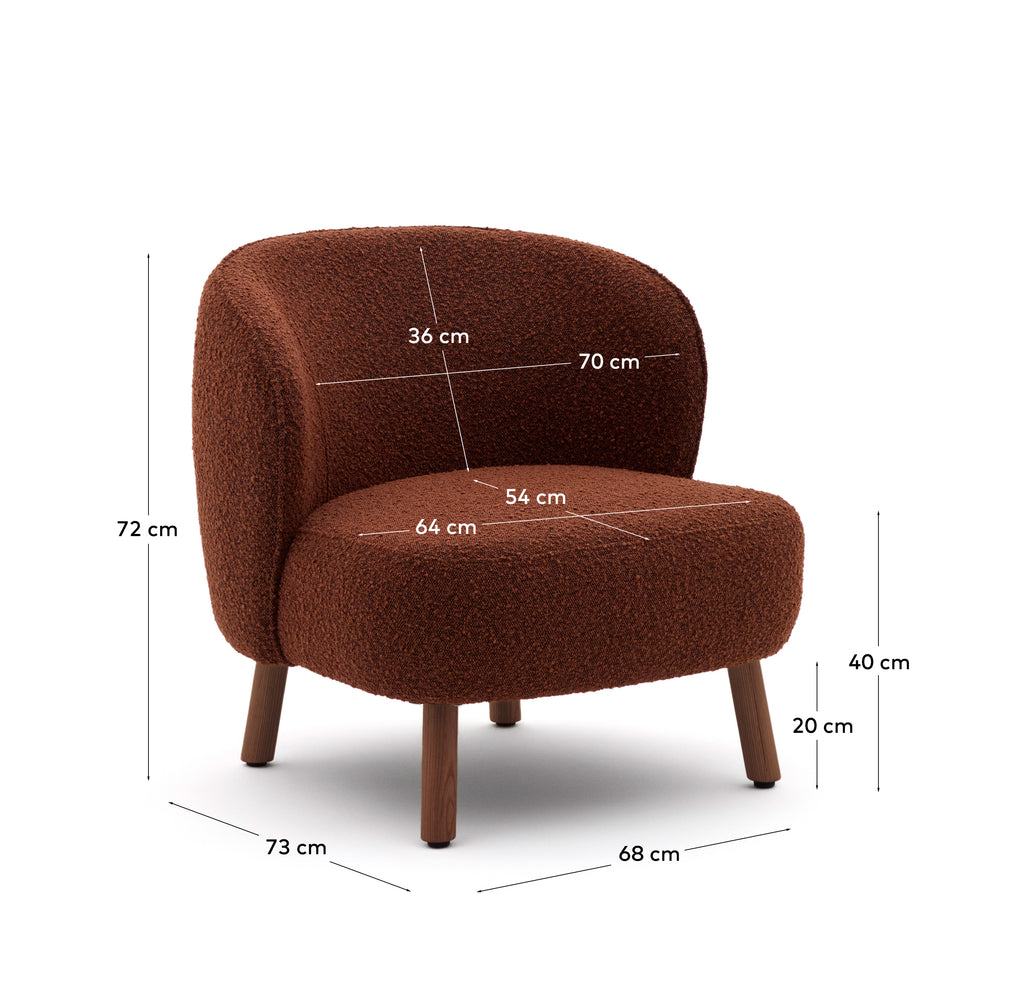 Fauteuil Ulit en bouclette terracotta et pieds en bois de frêne finition ton noyer