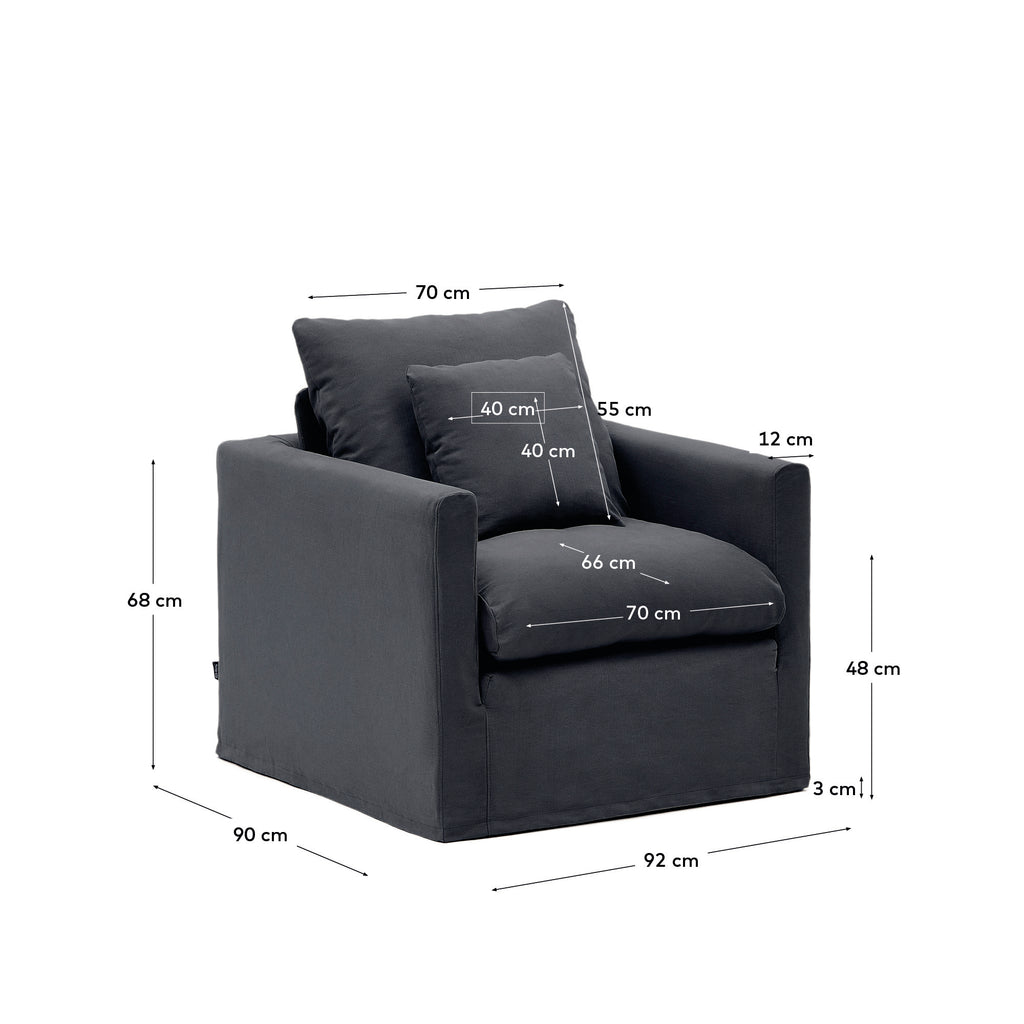 Fauteuil déhoussable Nora avec coussin en lin et coton gris anthracite 92 cm