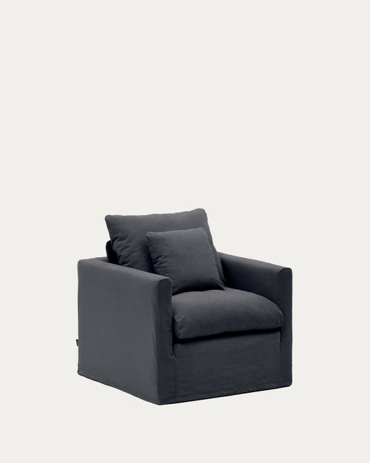 Fauteuil déhoussable Nora avec coussin en lin et coton gris anthracite 92 cm