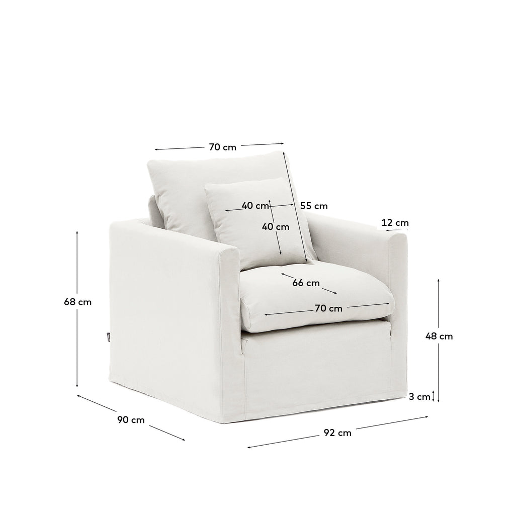 Fauteuil déhoussable Nora avec coussin en lin et coton écru 92 cm
