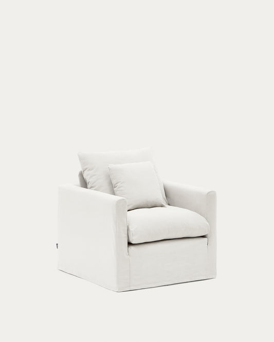 Fauteuil déhoussable Nora avec coussin en lin et coton écru 92 cm