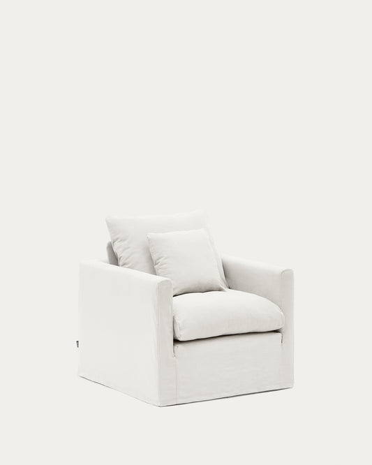 Fauteuil déhoussable Nora avec coussin en lin et coton écru 92 cm