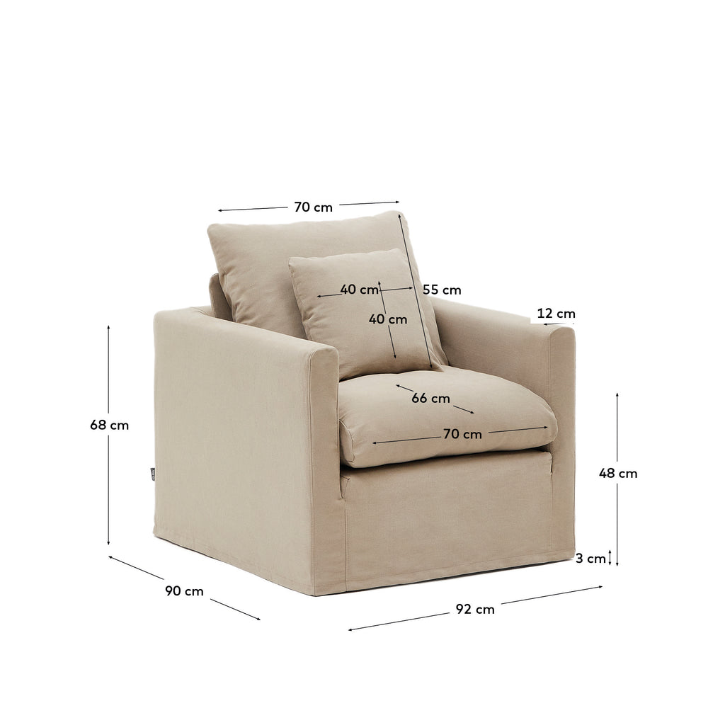 Fauteuil déhoussable Nora avec coussin en lin et coton taupe 92 cm
