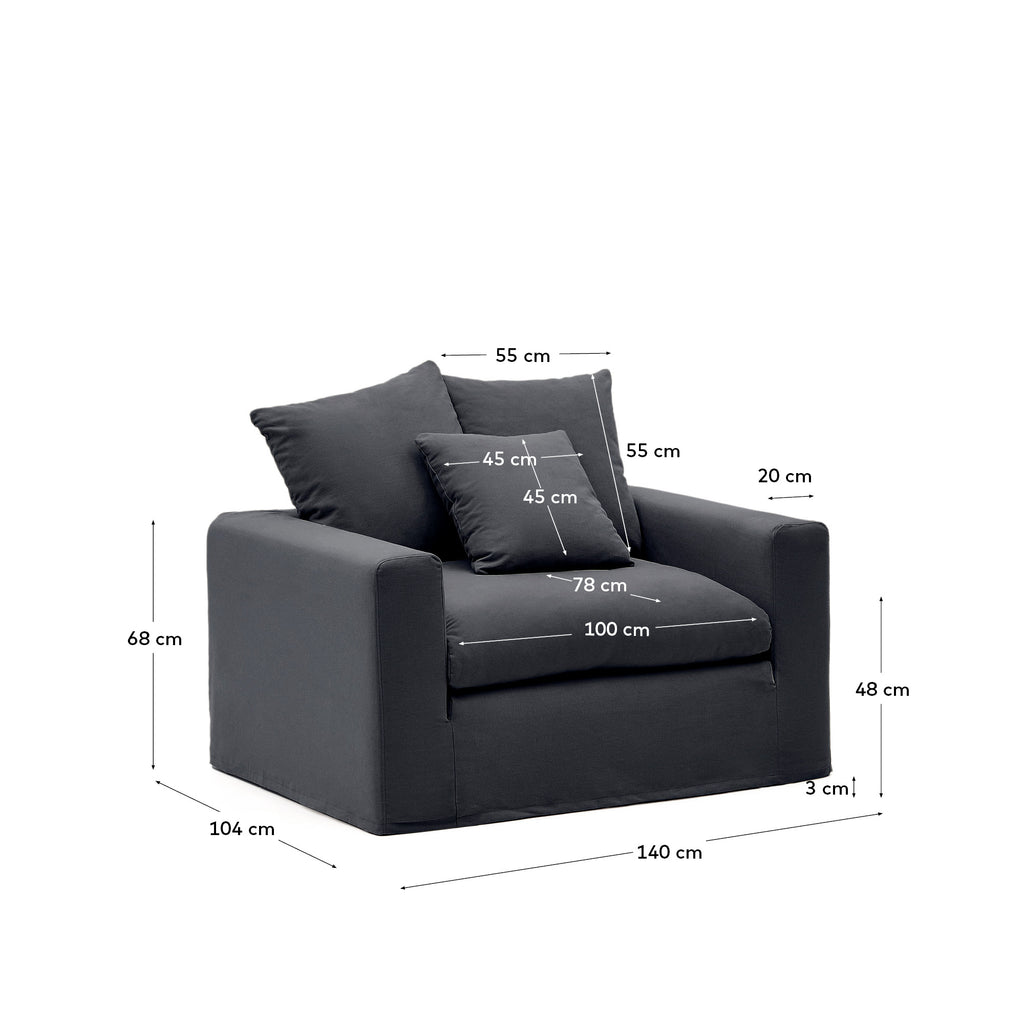 Fauteuil déhoussable Nora avec coussin en lin et coton gris anthracite 140 cm