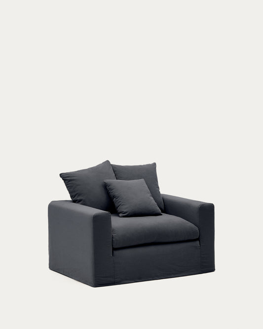 Fauteuil déhoussable Nora avec coussin en lin et coton gris anthracite 140 cm