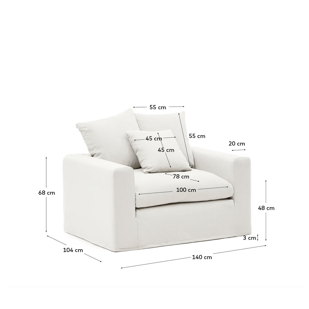 Fauteuil déhoussable Nora avec coussin en lin et coton écru 140 cm