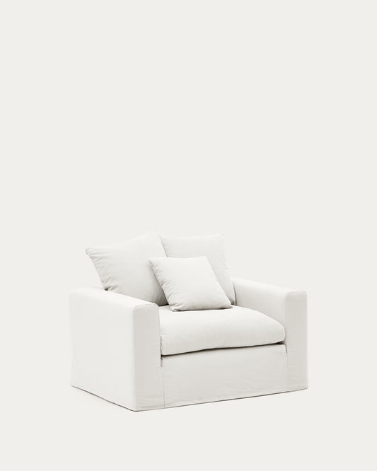 Fauteuil déhoussable Nora avec coussin en lin et coton écru 140 cm