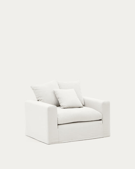 Fauteuil déhoussable Nora avec coussin en lin et coton écru 140 cm