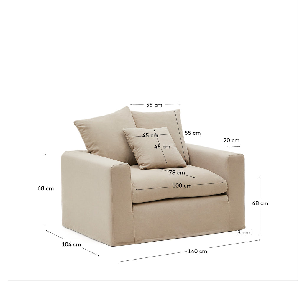 Fauteuil déhoussable Nora avec coussin en lin et coton taupe 140 cm