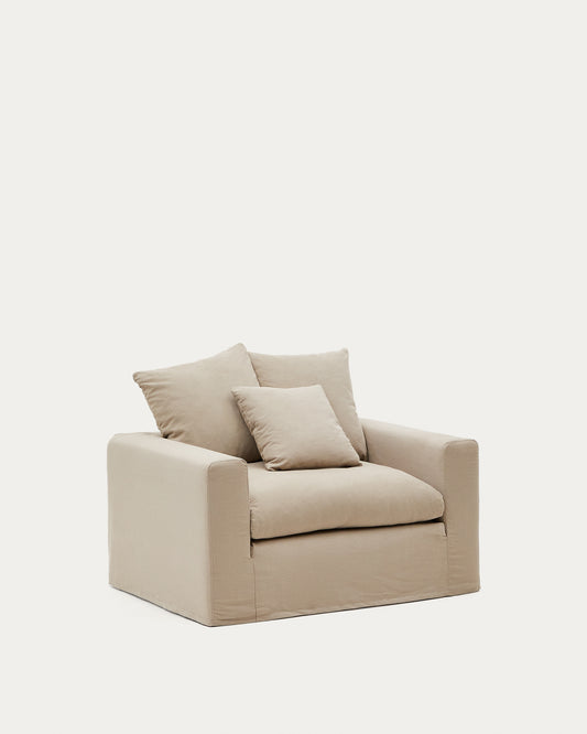 Fauteuil déhoussable Nora avec coussin en lin et coton taupe 140 cm