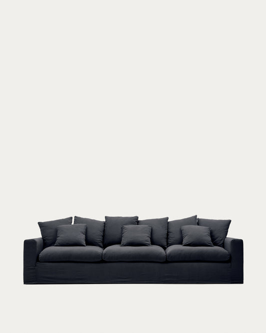 Canapé déhoussable Nora 4 places avec coussins en lin et coton gris anthracite 340 cm