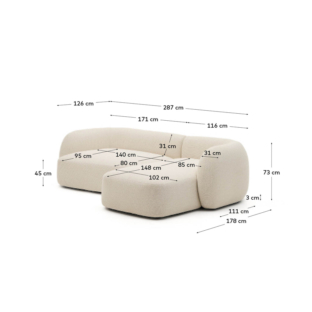 Canapé modulable Martina 3 places en chenille avec méridienne droite couleur écrue 287 cm