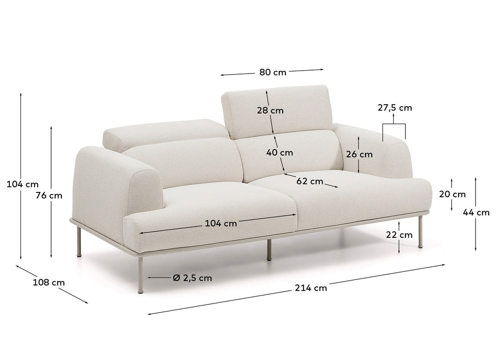Canapé Aurum 2 places en chenille écrue avec appui-tête inclinable et base en métal beige mat 214 cm FSC Mix Credit