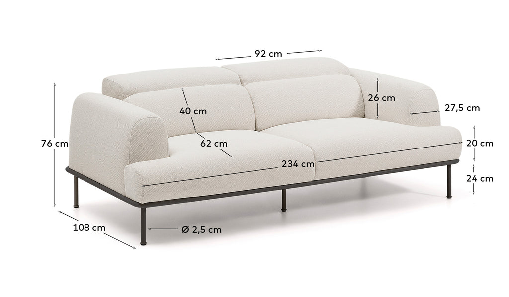 Canapé Aurum 3 places en chenille écrue avec appui-tête inclinable et base en métal gris mat 234 cm FSC Mix Credit