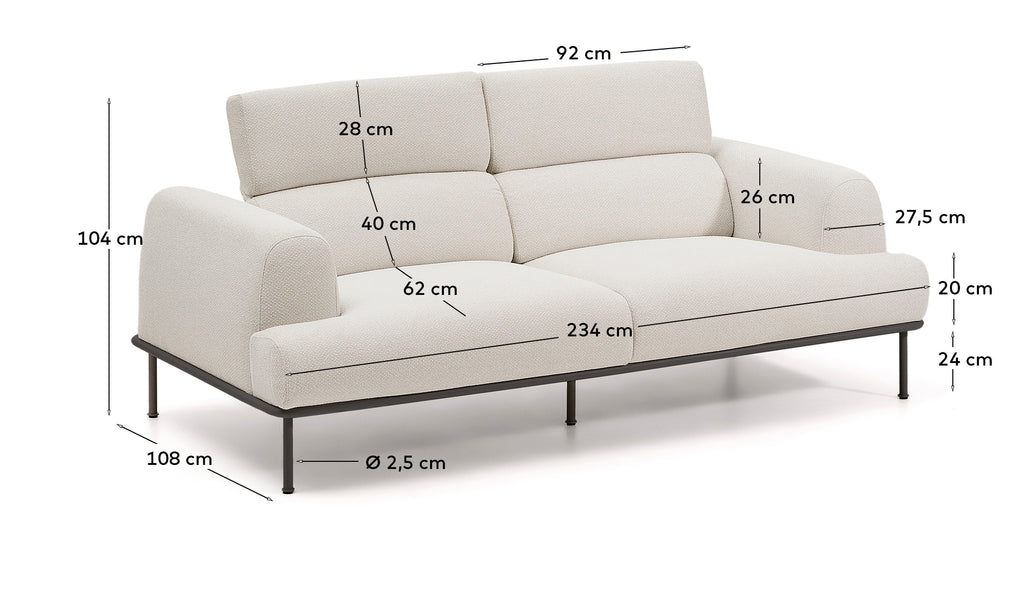 Canapé Aurum 3 places en chenille écrue avec appui-tête inclinable et base en métal gris mat 234 cm FSC Mix Credit