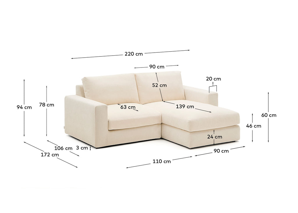 Canapé modulable déhoussable Alea 3 places avec méridienne droite chenille écrue 220 cm