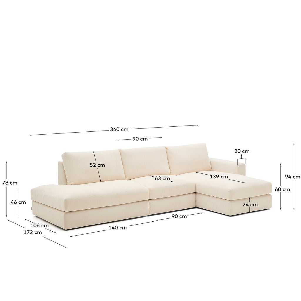 Canapé modulable déhoussable Alea 5 places avec méridienne droite chenille écrue 340 cm