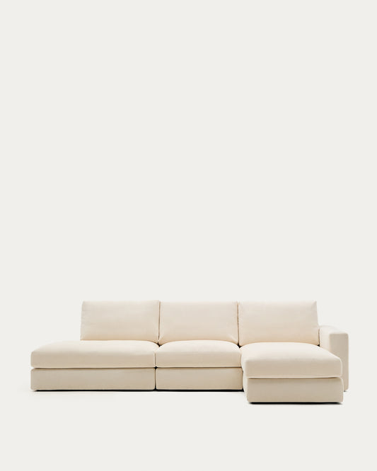 Canapé modulable déhoussable Alea 5 places avec méridienne droite chenille écrue 340 cm