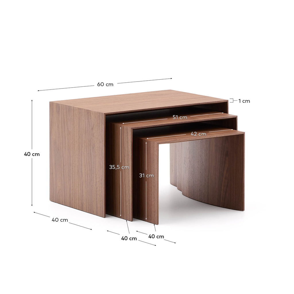 Ensemble Litto de 3 tables gigognes en placage de noyer FSC Mix Credit 60 x 40 / 51 x 36 / 42 x 31 cm