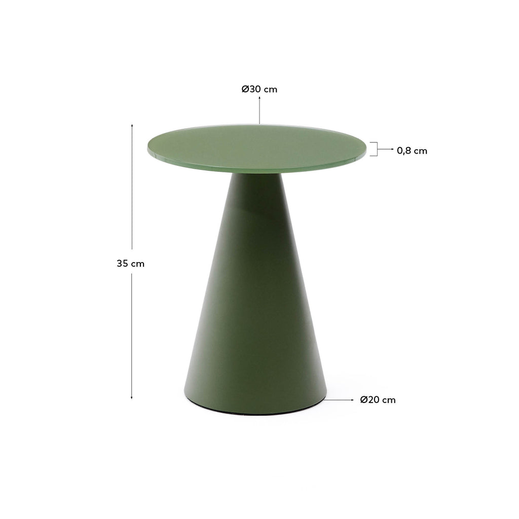 Table d'appoint Wilshire en verre trempé dépoli et acier finition vert mat Ø30 cm