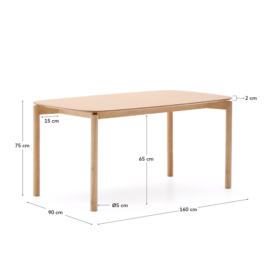 Table Indara en placage de frêne avec finition naturelle 160 x 90 cm
