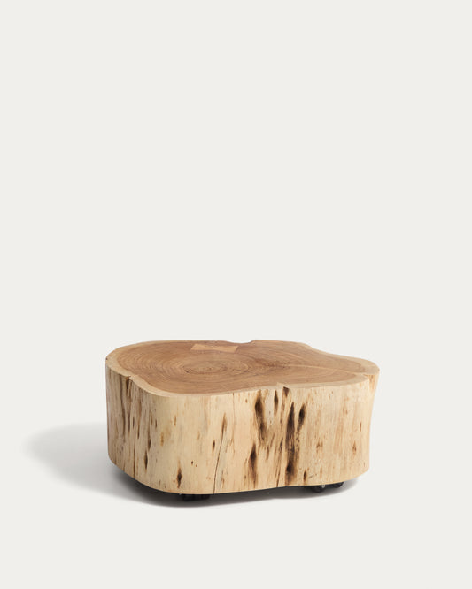 Table basse Nuvine en bois d’acacia avec finition blanchie et roulettes Ø 65 cm