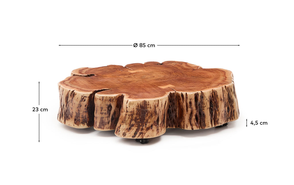 Table basse Tavine en bois d’acacia avec finition blanchie et roulettes Ø 85 cm