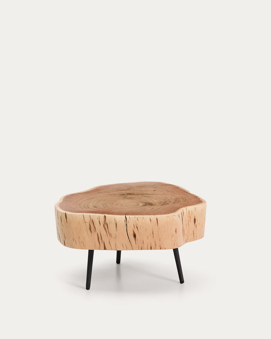Table basse Tavine en bois d’acacia avec finition blanchie et pieds en acier noir Ø 49 cm