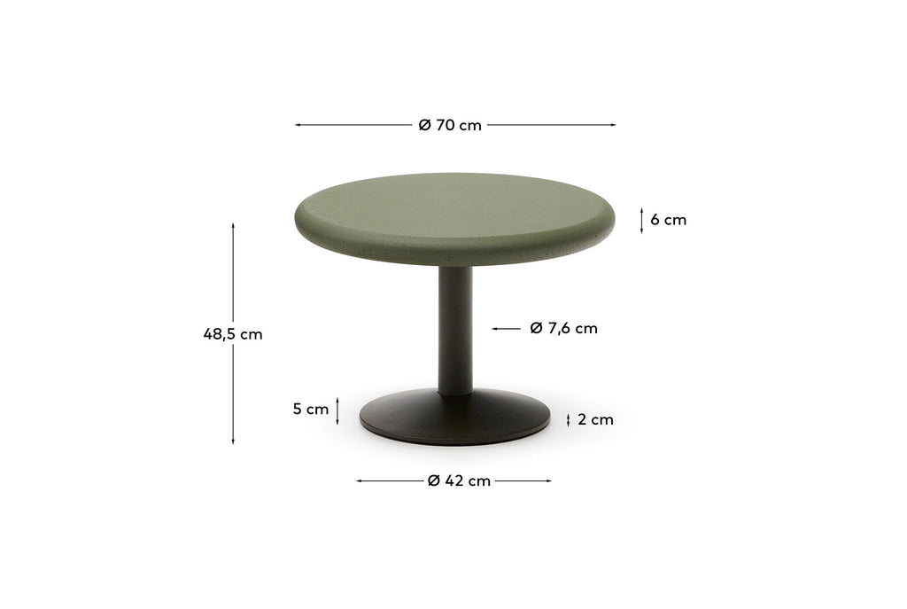 Table ronde d'extérieur Esilda avec plateau en béton vert Ø 70 cm et pied en acier vert Ø 42 x 45 cm