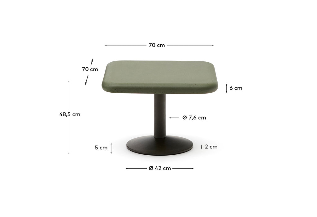 Table d'extérieur Elsida avec plateau en béton vert 70 x 70 cm et pied en acier noir Ø 42 x 45 cm
