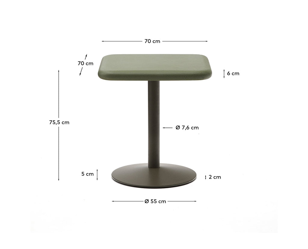 Table d'extérieur Elsida avec plateau en béton vert 70 x 70 cm et pied en acier vert Ø 55 x 72 cm
