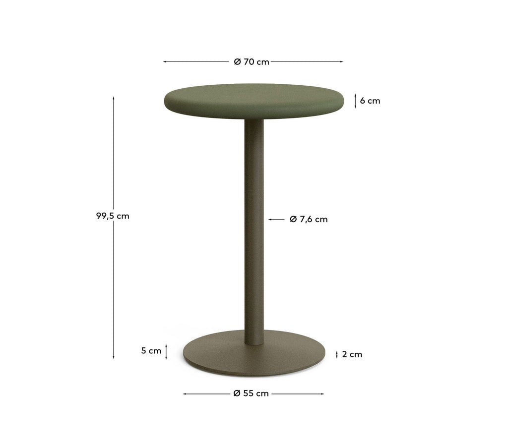 Table haute ronde d'extérieur Esilda avec plateau en béton vert Ø 70 cm et pied en acier vert Ø 55 x 96 cm