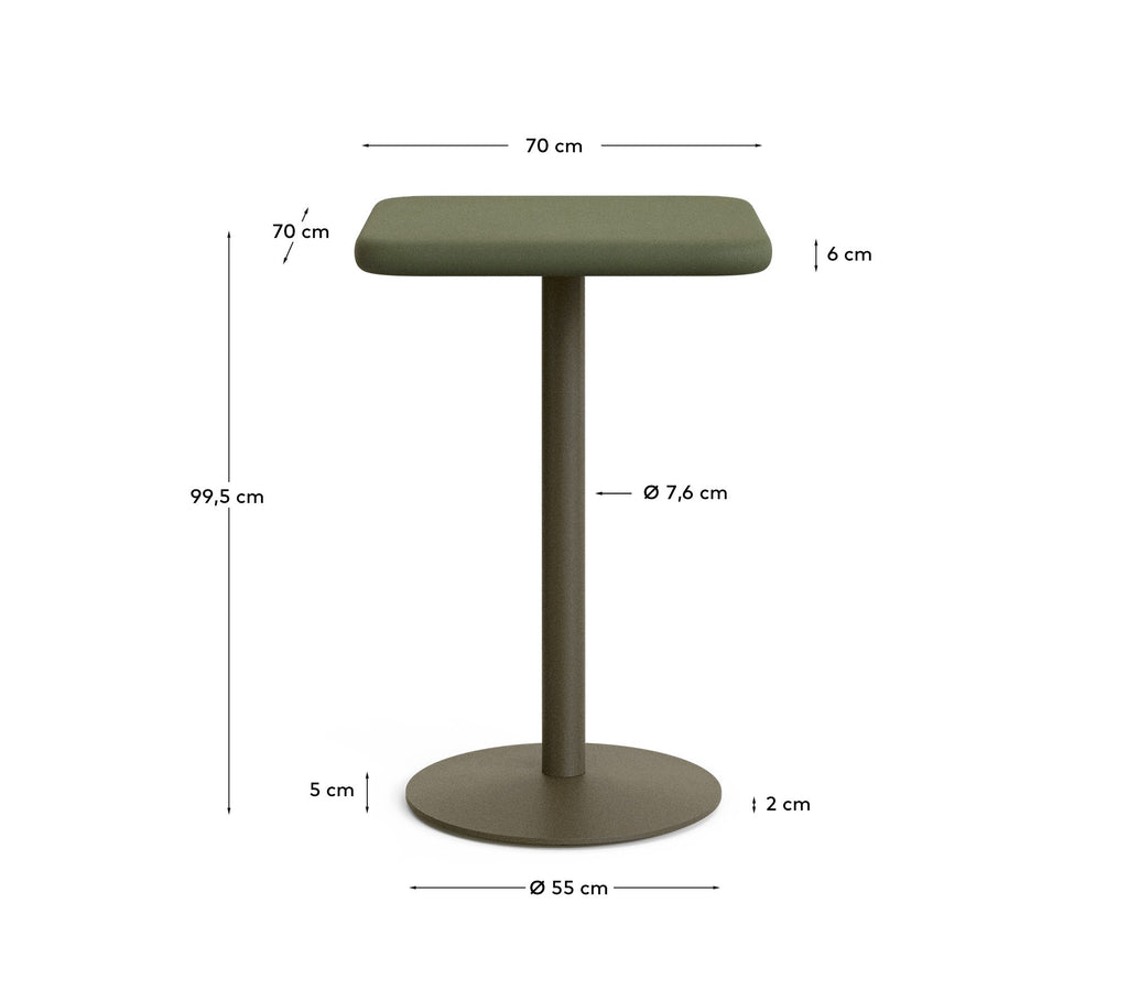 Table haute d'extérieur Elsida avec plateau en béton vert 70 x 70 cm et pied en acier vert Ø 55 x 96 cm