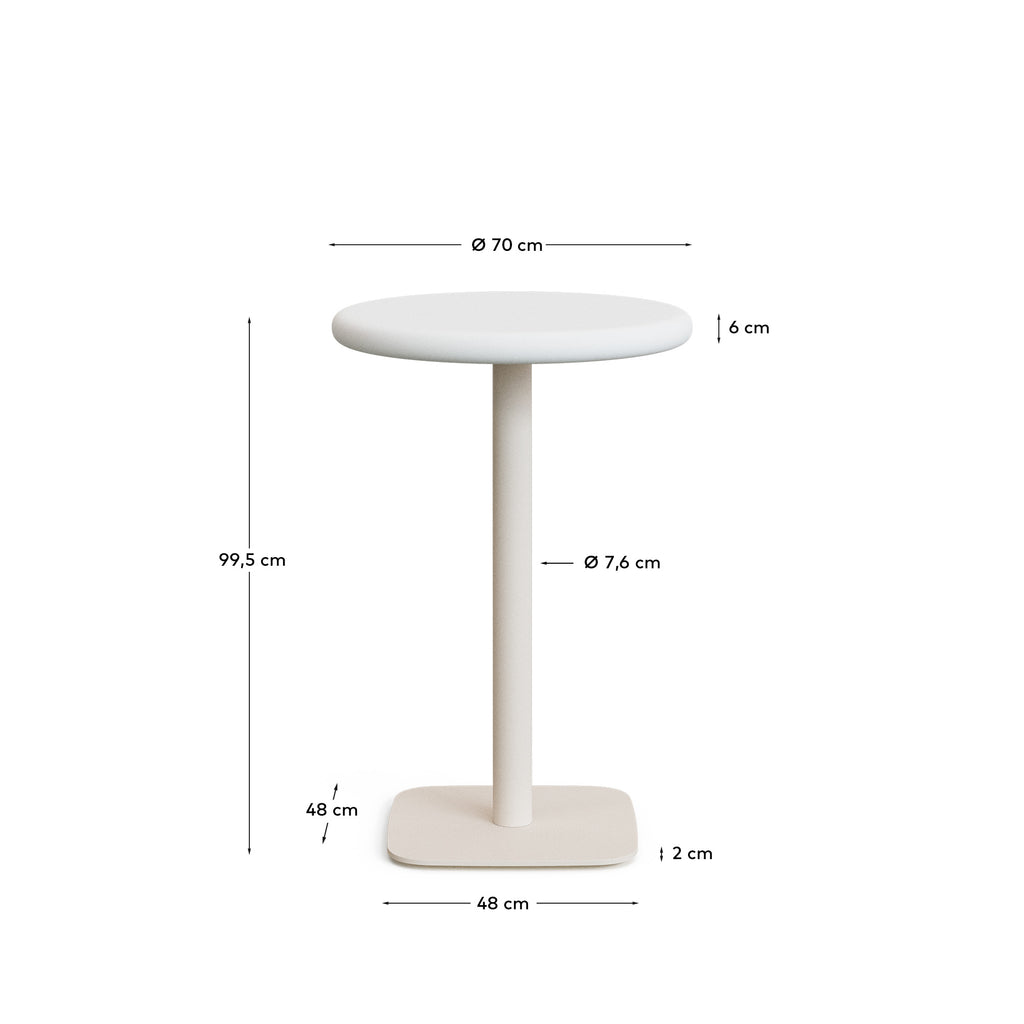 Table haute ronde d'extérieur Dina avec plateau en béton blanc Ø 70 cm et pied en acier blanc 48 x 48 x 96 cm