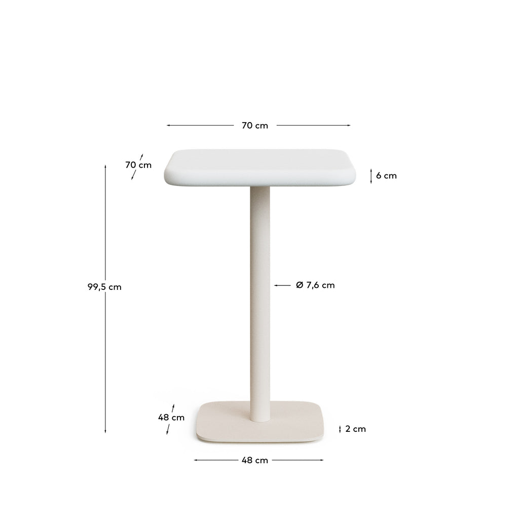 Table haute d'extérieur Dina avec plateau en béton blanc 70 x 70 cm et pied en acier blanc 48 x 48 x 96 cm