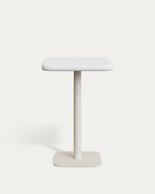 Table haute d'extérieur Dina avec plateau en béton blanc 70 x 70 cm et pied en acier blanc 48 x 48 x 96 cm