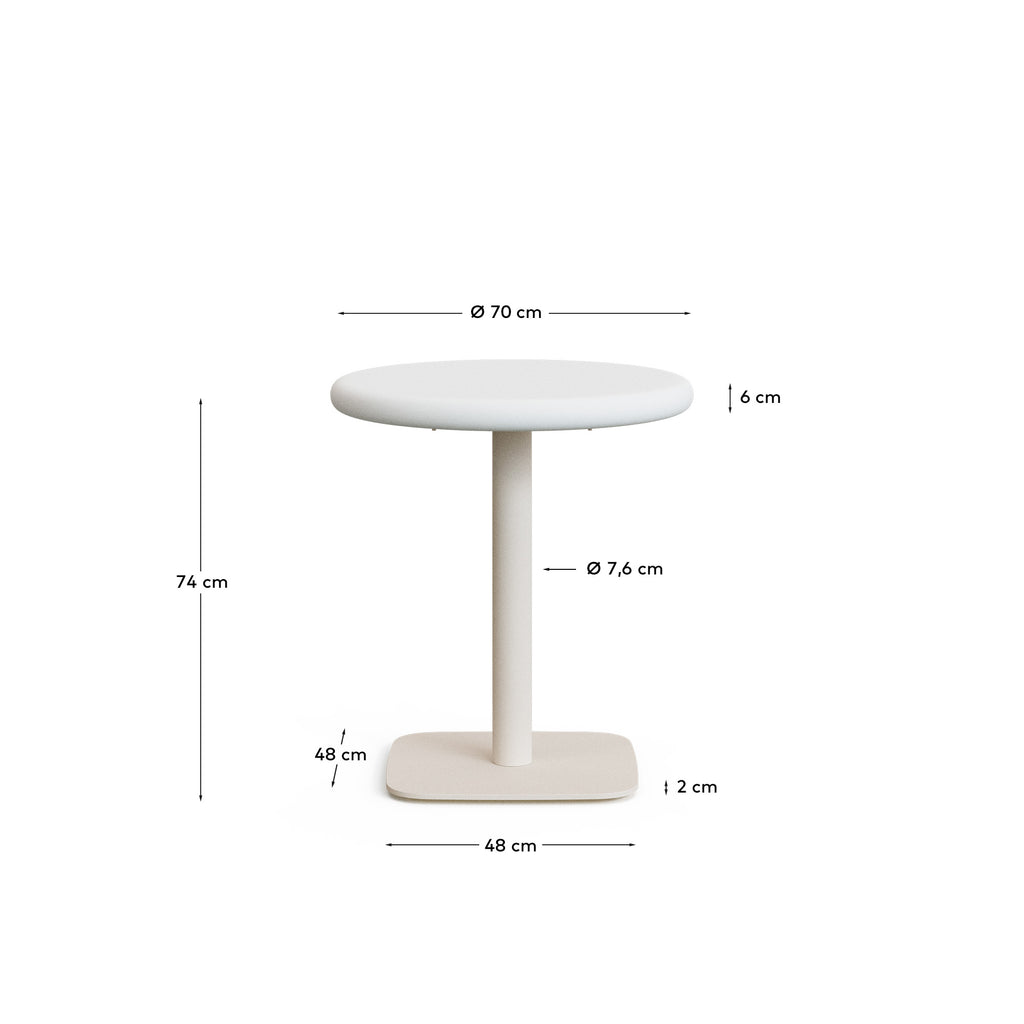 Table ronde d'extérieur Dina avec plateau en béton blanc Ø 70 cm et pied en acier blanc 48 x 48 x 72 cm