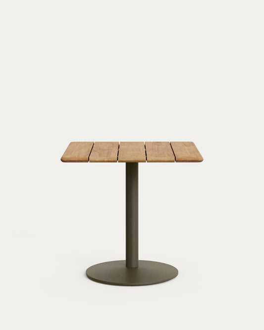 Table d'extérieur Esilda avec plateau en acacia FSC 100% 80 x 80 cm et pied en acier vert Ø 55 x 72 cm