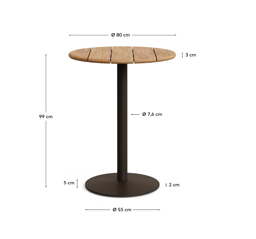 Table ronde d'extérieur Esilda avec plateau en acacia FSC 100% Ø 80 cm et pied en acier vert Ø 55 x 96 cm
