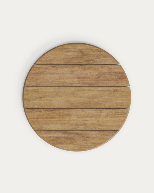 Table ronde d'extérieur Esilda avec plateau en acacia FSC 100% Ø 80 cm et pied en acier vert Ø 55 x 96 cm