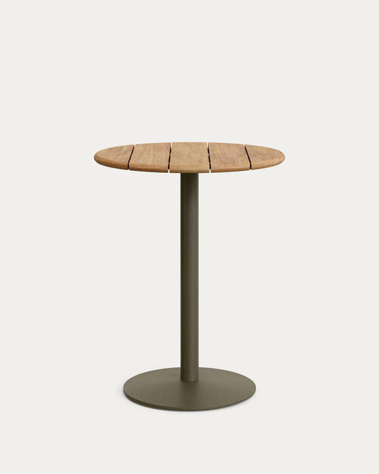 Table ronde d'extérieur Esilda avec plateau en acacia FSC 100% Ø 80 cm et pied en acier vert Ø 55 x 96 cm