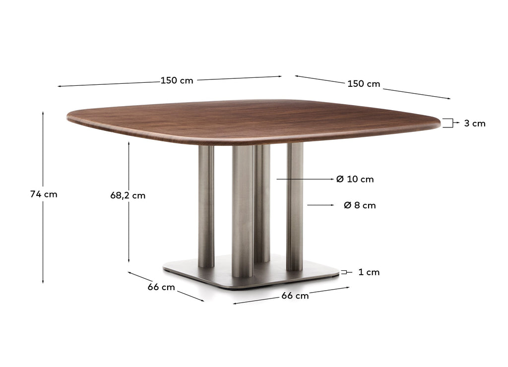 Table Melvar en placage de noyer et pieds avec base en acier inoxydable brossé 150 x 150 cm