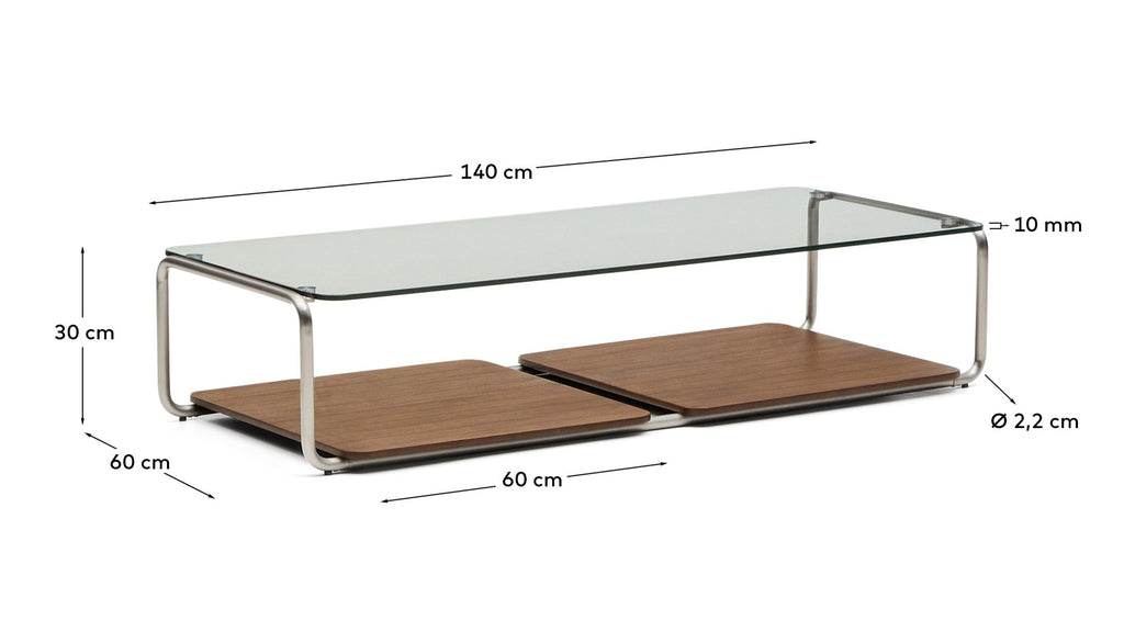 Table basse Tarsel en verre trempé et plateau en placage de noyer avec structure en acier inoxydable brossé 140 x 60 cm