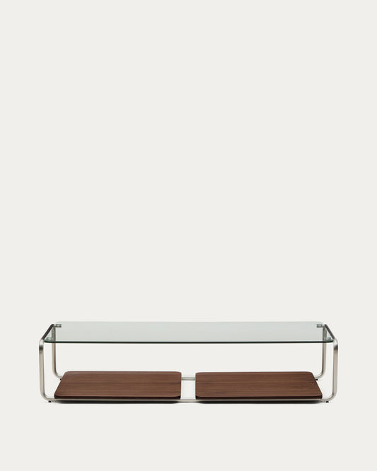 Table basse Tarsel en verre trempé et plateau en placage de noyer avec structure en acier inoxydable brossé 140 x 60 cm