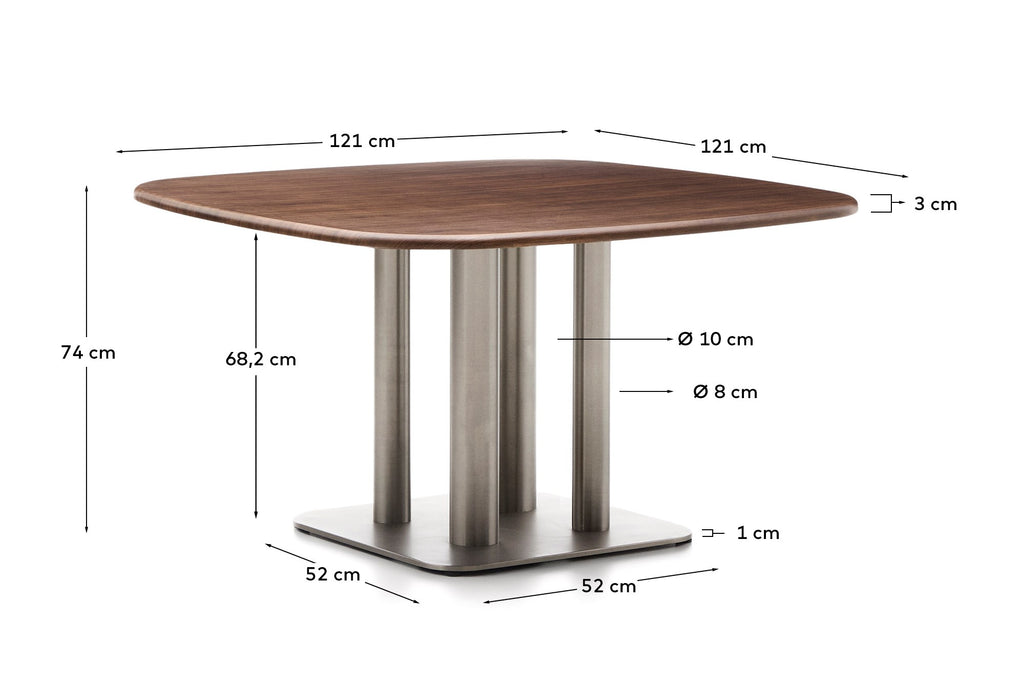Table Melvar en placage de noyer et pieds avec base en acier inoxydable brossé 121 x 121 cm
