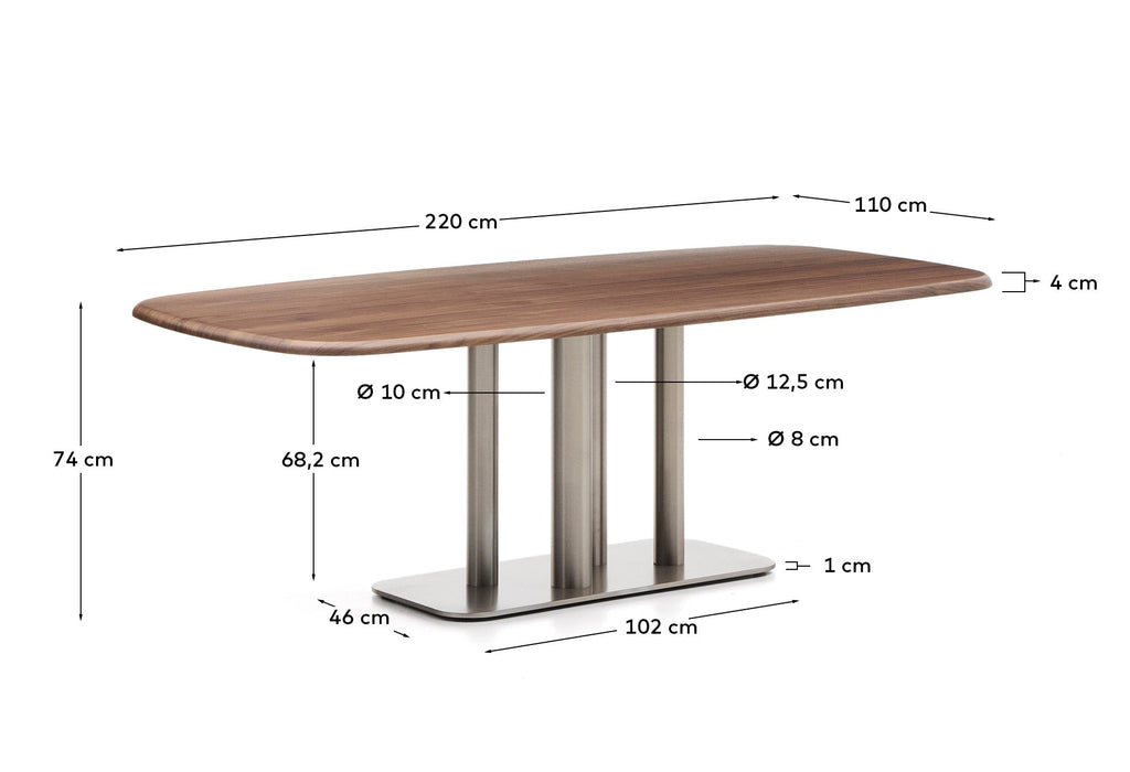 Table Melvar en placage de noyer et pieds avec base en acier inoxydable brossé 220 x 110 cm