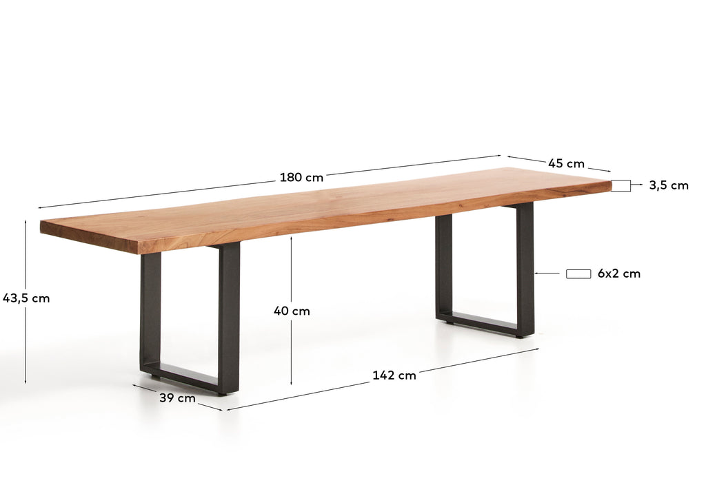 Banc Uxue en bois d’acacia et pieds en acier noir 180 x 45 cm