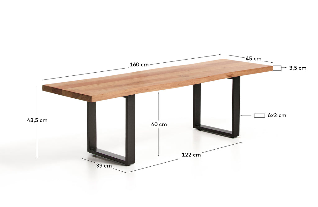 Banc Uxue en bois d’acacia et pieds en acier noir 160 x 45 cm
