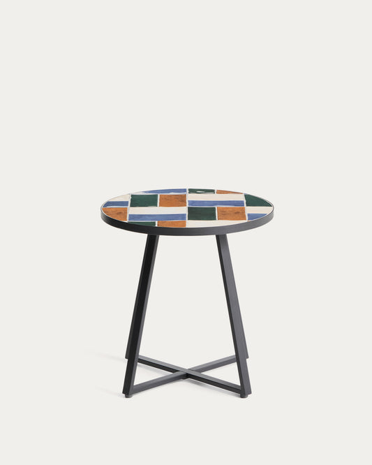 Table d’appoint ronde Tella en acier galvanisé graphite et carreaux multicolores Ø45 cm