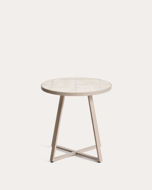 Table d’appoint ronde Tella en acier galvanisé et carreaux beiges Ø45 cm
